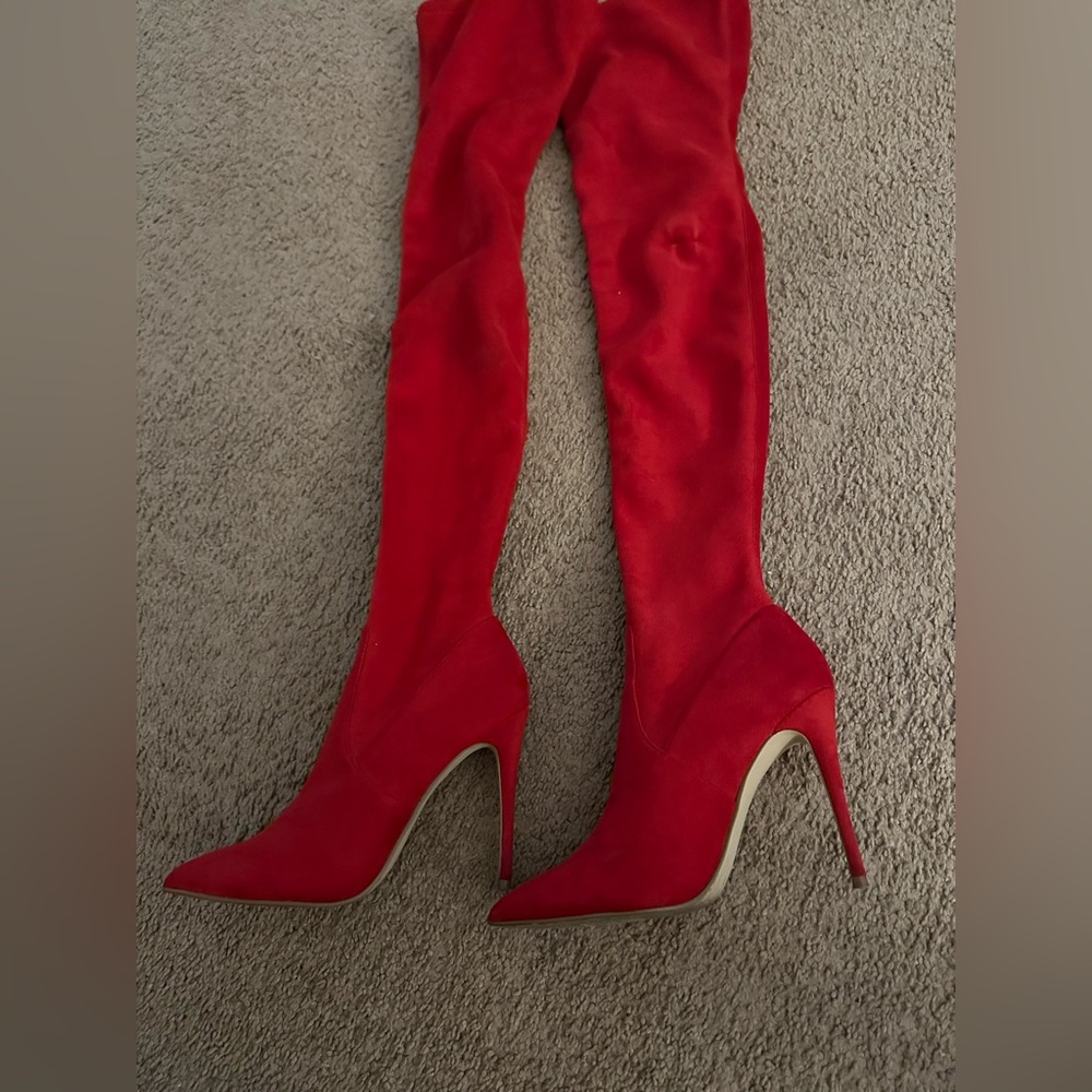 Red thigh high boots
